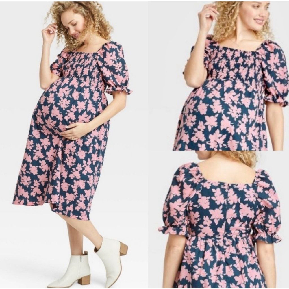 The Nines by Hatch S Navy Pink Floral Maternity Midi Dress S